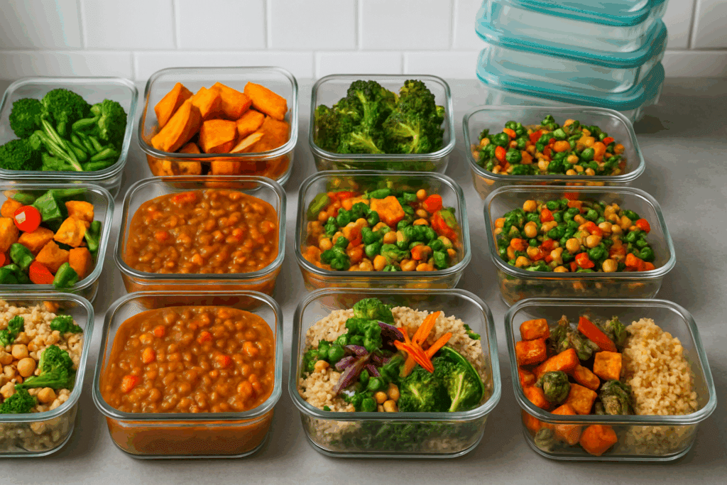 The Ultimate Plant-Based Grocery Shopping List: A Science-Backed Guide to Nourishing Your Health on a Vegan or Vegetarian Diet 5 Prepped vegan meals in glass containers on a counter, illustrating a practical plant based grocery shopping list in action.