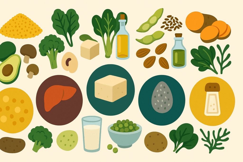 The Ultimate Plant-Based Grocery Shopping List: A Science-Backed Guide to Nourishing Your Health on a Vegan or Vegetarian Diet 6 Colorful infographic showing a plant based grocery shopping list with nutrient-rich foods like tofu, broccoli, chia seeds, seaweed, almonds, and spinach arranged around key vitamins and minerals