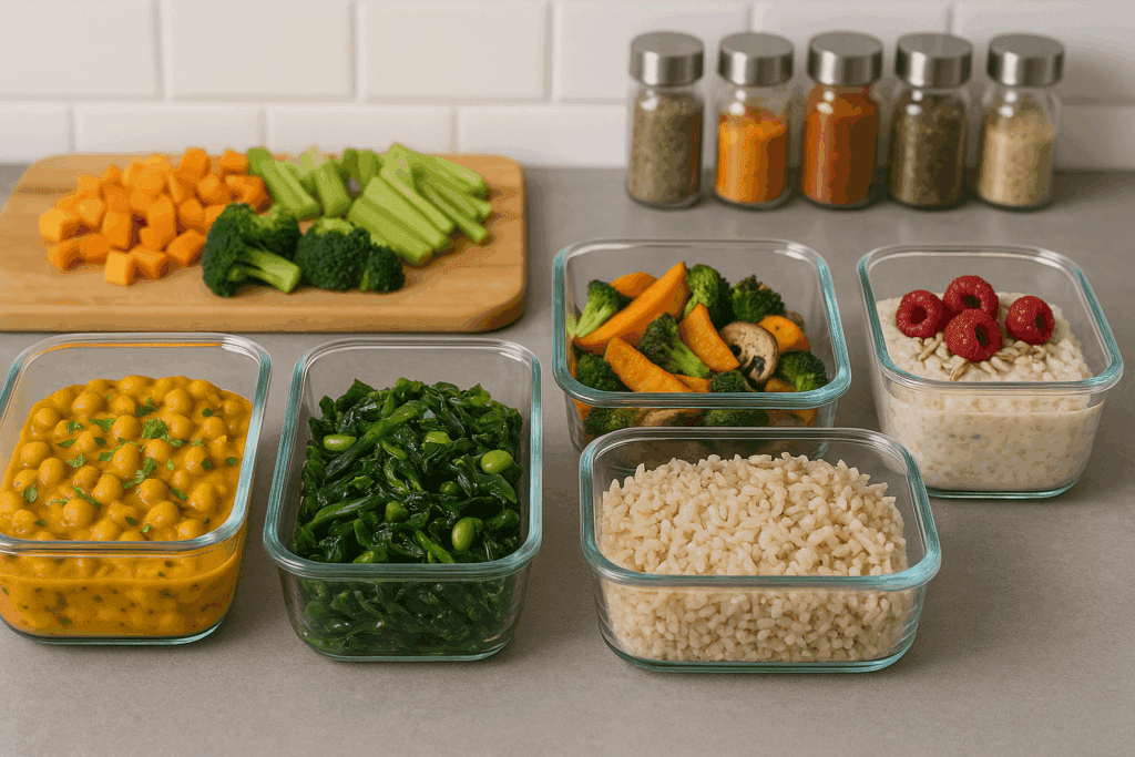 Creating a Vegan Diabetic Diet Meal Plan: Expert Tips, Science-Backed Nutrition, and a Free PDF Guide to Get You Started 5 Reusable glass containers filled with chickpea curry, brown rice, stir-fried greens, roasted vegetables, and overnight oats, organized as part of a vegan diabetic diet meal plan.