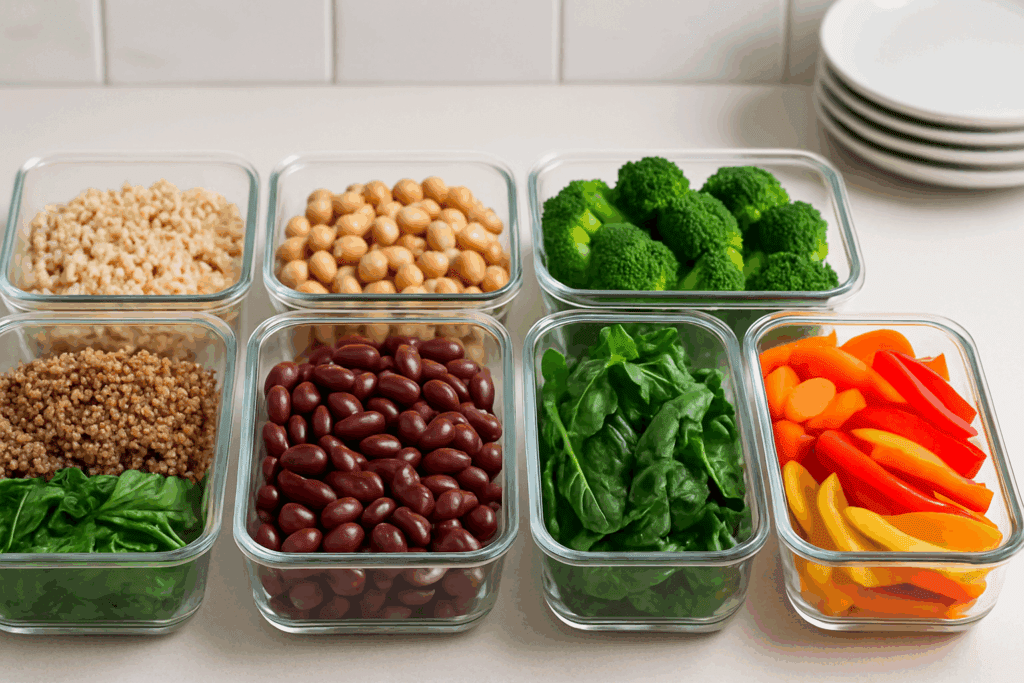 Vegan Meal Prep for Weight Loss: Smart, Science-Backed Strategies to Shed Pounds and Stay Healthy on a Plant-Based Diet 2 Slim waistline silhouette surrounded by colorful fruits, vegetables, legumes, and whole grains, symbolizing vegan meal prep for weight loss.