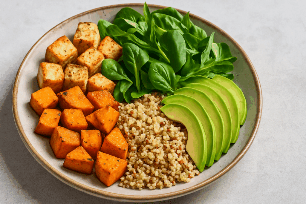 Vegan Meal Prep for Weight Loss: Smart, Science-Backed Strategies to Shed Pounds and Stay Healthy on a Plant-Based Diet 3 Colorful vegan meal prep for weight loss featuring crispy tofu, quinoa, roasted sweet potatoes, avocado slices, and leafy greens on a rustic ceramic plate