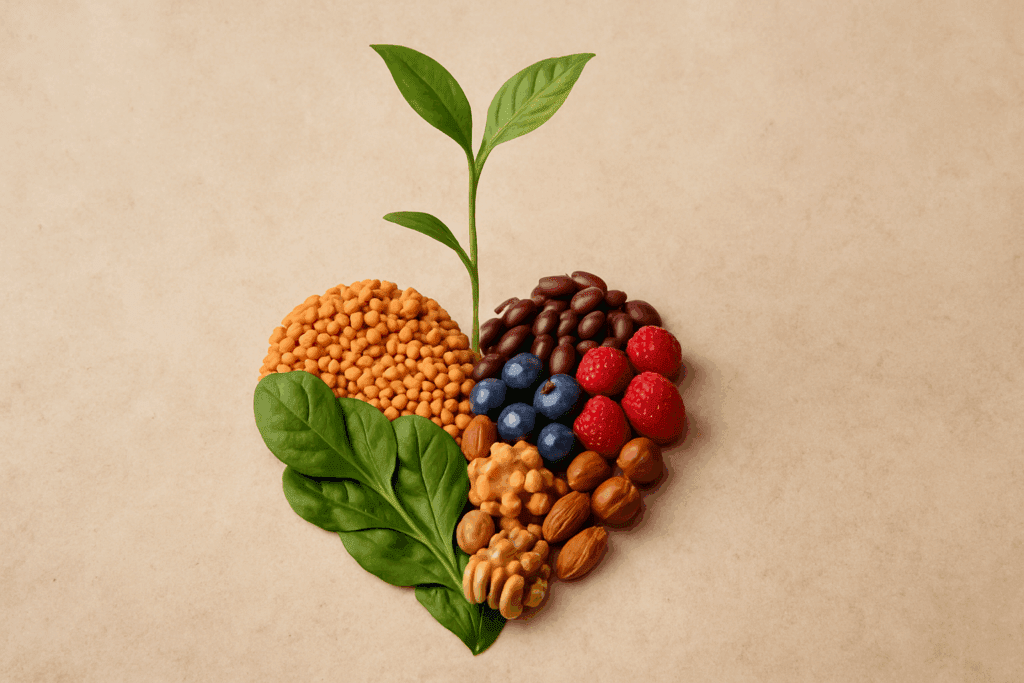 Vegan Meal Prep for Weight Loss: Smart, Science-Backed Strategies to Shed Pounds and Stay Healthy on a Plant-Based Diet 5 Heart-shaped arrangement of spinach, lentils, berries, nuts, and beans with a sprouting plant, symbolizing sustainable vegan meal prep for weight loss.