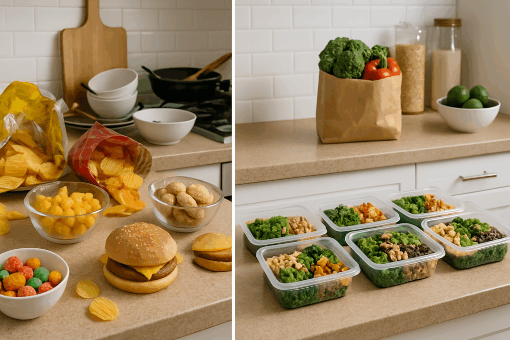 Vegan Meal Prep for Weight Loss: Smart, Science-Backed Strategies to Shed Pounds and Stay Healthy on a Plant-Based Diet 6 Split-screen kitchen scene showing a cluttered counter with junk food on one side and organized vegan meal prep for weight loss on the other.