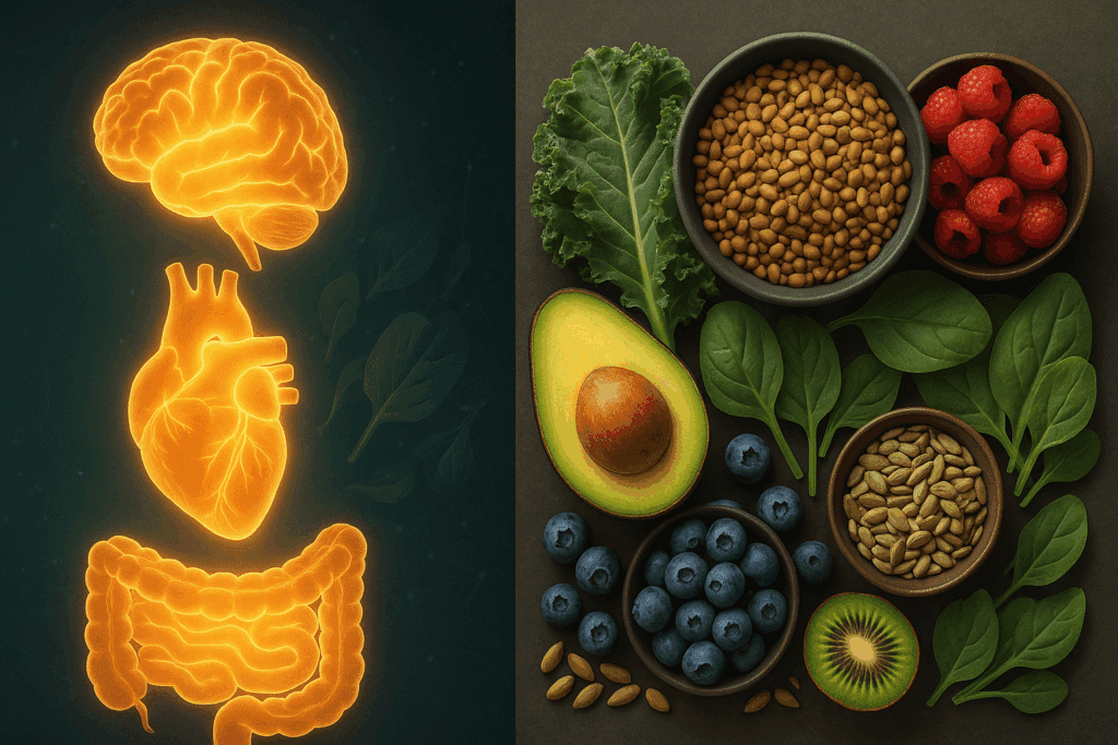 The Ultimate Vegetarian Grocery Shopping List for a Healthy, Plant-Based Lifestyle Backed by Nutrition Science 1 Split-screen illustration showing glowing human organs alongside colorful fruits, vegetables, and legumes from a vegetarian grocery shopping list.