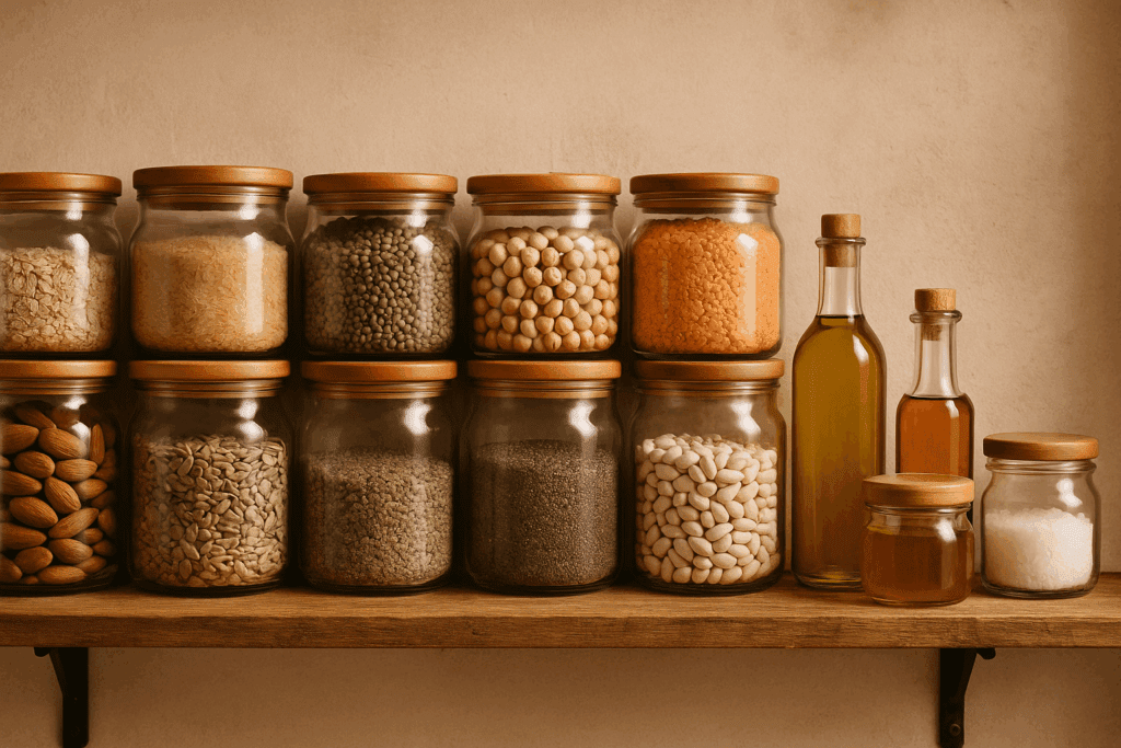 The Ultimate Vegetarian Grocery Shopping List for a Healthy, Plant-Based Lifestyle Backed by Nutrition Science 2 Neatly organized vegetarian grocery shopping list pantry with glass jars of whole grains, beans, lentils, nuts, seeds, and oils on a rustic shelf.