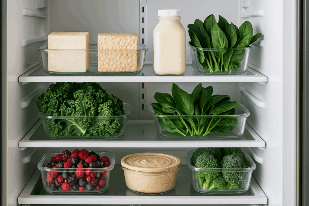 The Ultimate Vegetarian Grocery Shopping List for a Healthy, Plant-Based Lifestyle Backed by Nutrition Science 4 Modern open refrigerator stocked with tofu, tempeh, non-dairy milk, leafy greens, frozen berries, and hummus in glass containers—an organized and fresh snapshot of a vegetarian grocery shopping list.