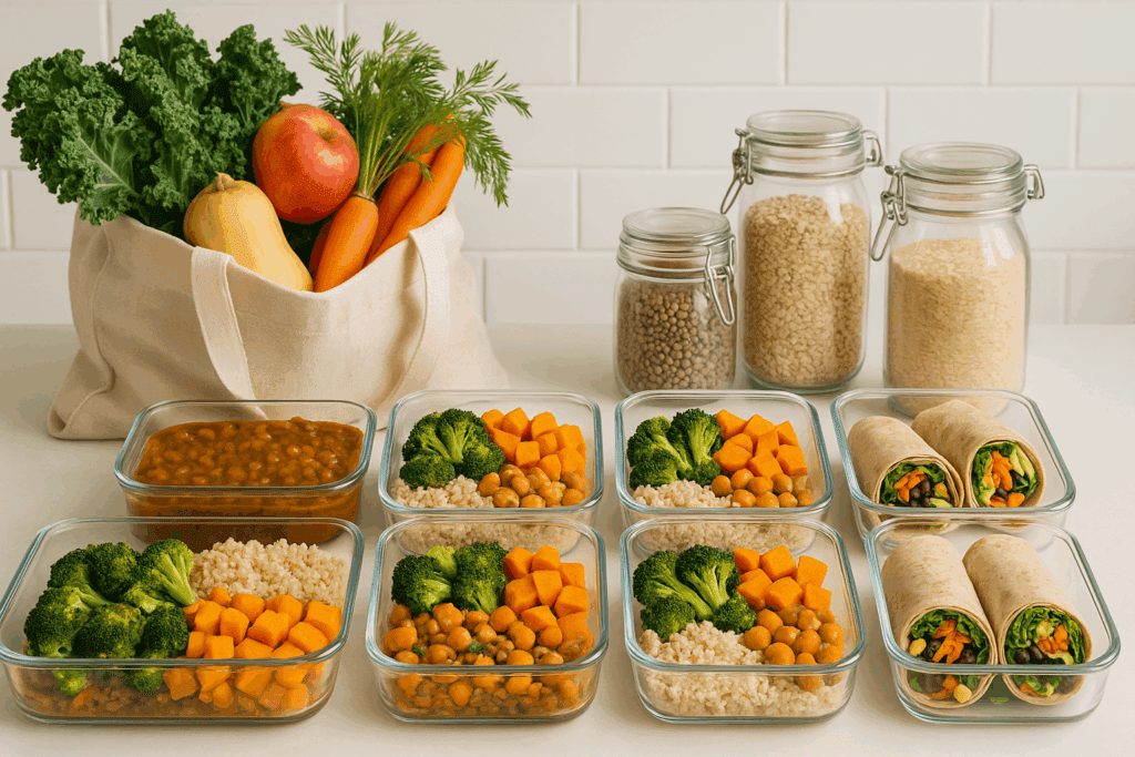 The Ultimate Vegetarian Grocery Shopping List for a Healthy, Plant-Based Lifestyle Backed by Nutrition Science 6 Weekly vegetarian grocery shopping list meal prep with glass containers of quinoa bowls, lentil stew, veggie wraps, and fresh seasonal produce.