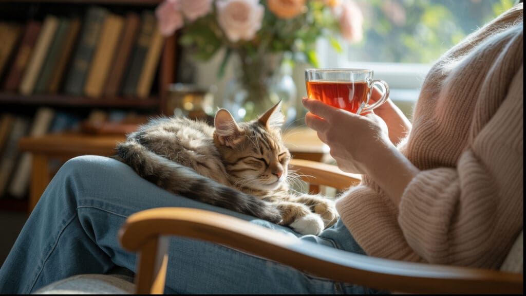 The Calming Companionship of Cats: How Dr. Elsey’s Supports the Mental and Emotional Wellness of Cat-Loving Households 4 A Cat Sitting Peacefully on Someone’s Lap in a Cozy Setting