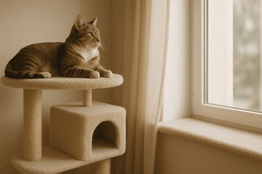 Dr. Elsey's Approach to Feline Stress Management: Creating a Calm Environment 5 Cozy cat nook featuring a relaxed tabby on a beige high perch near a window, with natural light highlighting the soft, secure surroundings aligned with Dr. Elsey's cat care approach.
