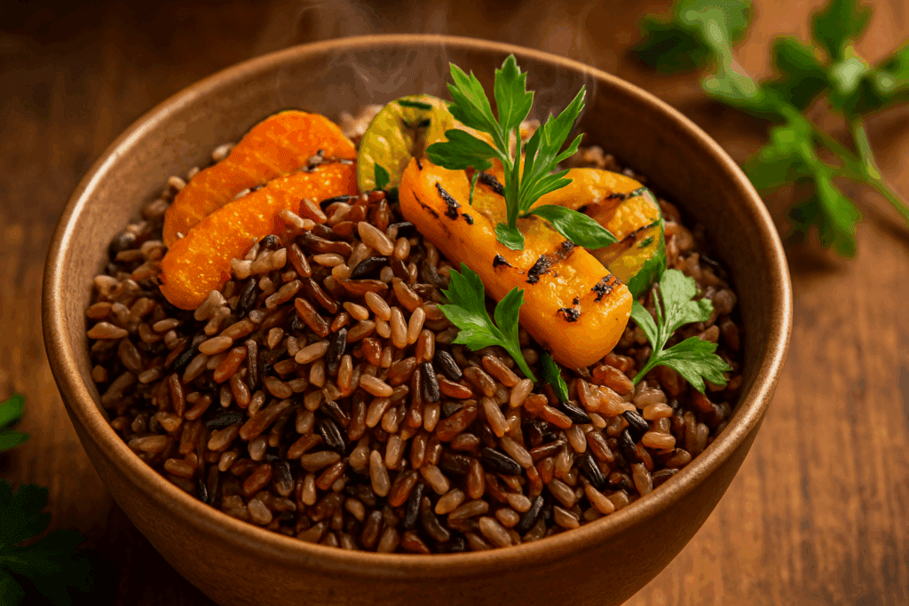 Smart Nutrition Choices for a Healthier Lifestyle: What to Know About Whole Grain Rice and Whole Wheat Rice 2 Steaming bowl of whole grain rice and whole wheat rice topped with grilled vegetables and fresh herbs on a wooden table.