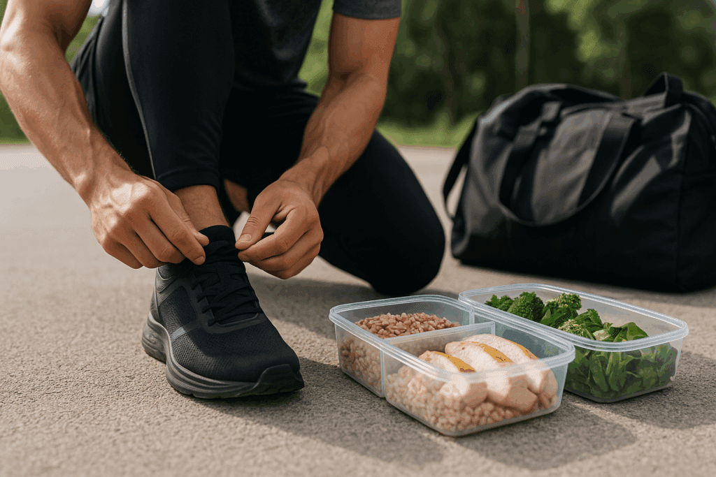Smart Nutrition Choices for a Healthier Lifestyle: What to Know About Whole Grain Rice and Whole Wheat Rice 5 Athlete tying running shoes next to meal prep containers filled with whole grain rice and whole wheat rice, grilled chicken, and greens.