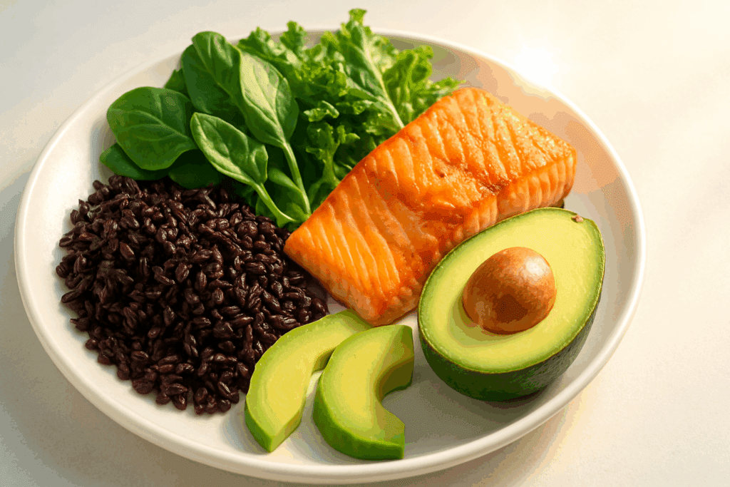 Smart Nutrition Choices for a Healthier Lifestyle: What to Know About Whole Grain Rice and Whole Wheat Rice 6 Grilled salmon with avocado, leafy greens, and whole grain rice and whole wheat rice on a white plate promoting anti-inflammatory nutrition.