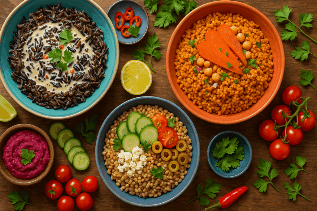 Smart Nutrition Choices for a Healthier Lifestyle: What to Know About Whole Grain Rice and Whole Wheat Rice 7 Colorful overhead view of globally inspired whole grain rice and whole wheat rice dishes, including Thai wild rice, Moroccan spiced grains, and Mediterranean bowls with fresh garnishes.